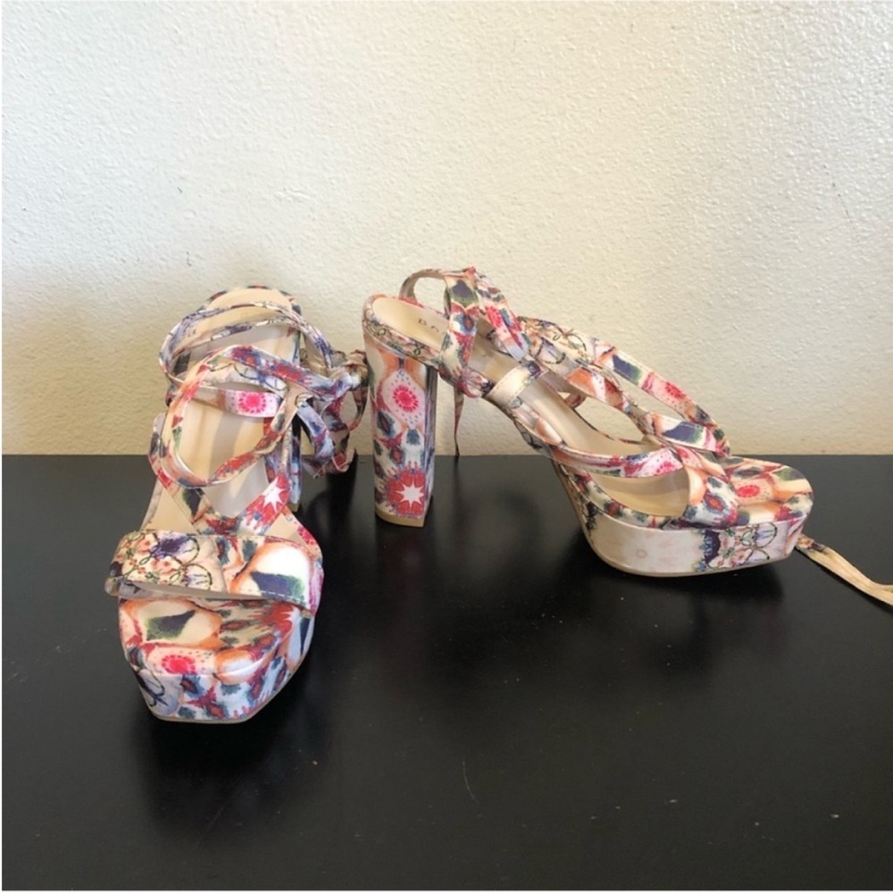 Bamboo White Colorful Patterned Lace Up Strap High Heels